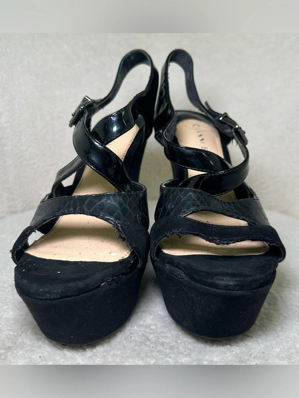 Gianni Bini Y2K Sculptural Curve Wedge Platform Black Strappy Club Bratz Sexy 6